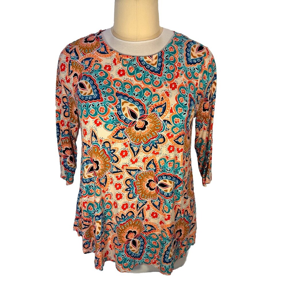 Chico's Knit Top Blouse Womens Size XL (3) Ikat Floral Print Boat Neck 3/4 Sleev